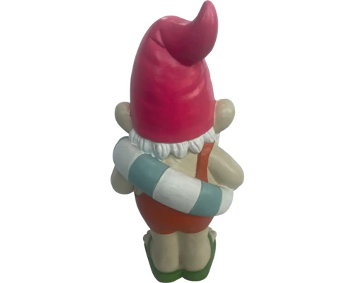 Trädgårdsfigur trädgårdstomte med badring, bakifrån