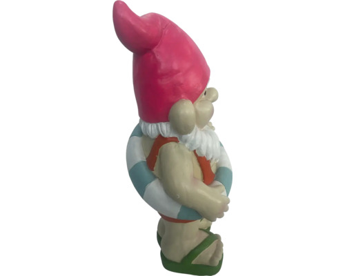 Trädgårdstomte med badmössa och badring