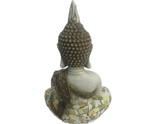 Buddha staty med mosaiksockel, bakifrån