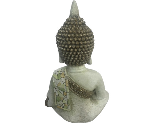 Bakifrån av en Buddha staty med mosaikmönster
