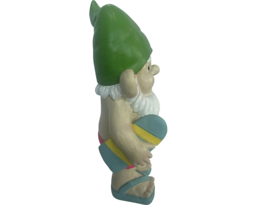 Trädgårdstomte med badbyxor och surfbräda