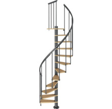 Spiraltrappa med metallräcke och trätrappsteg