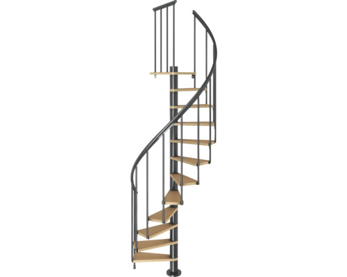 Spiraltrappa med metallräcke och trätrappsteg