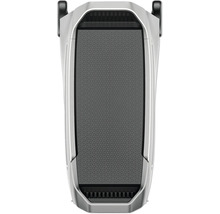 Överifrånvy av en silverfärgad robotgräsklippare