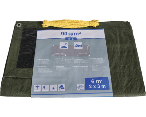 Täckande presenning med rep, vikt 90 gram per kvadratmeter, storlek 2 gånger 3 meter