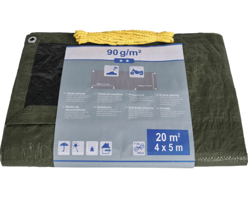 Täckande presenning med en vikt på 90 gram per kvadratmeter, mått 4 gånger 5 meter, inklusive fästsnören