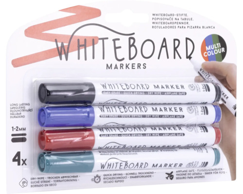 Förpackning med whiteboardmarkörer med fyra pennor i olika färger