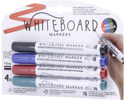 Förpackning med fyra whiteboardmarkörer i olika färger