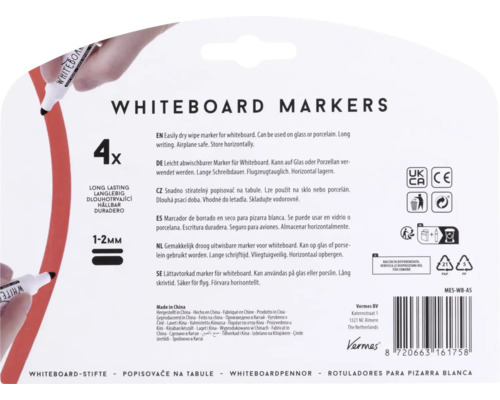 Förpackning med fyra whiteboardpennor med en linjebredd på cirka 1 till 2 millimeter