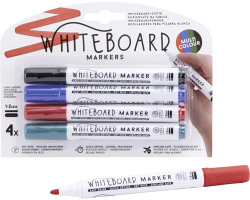 Förpackning med fyra whiteboardmarkörer i färgerna svart, blå, röd och turkos