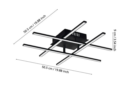Taklampa med linjär design och mått.
