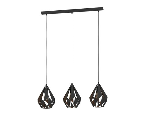 Taklampa med tre lampor och geometriska lampskärmar för inomhusbruk