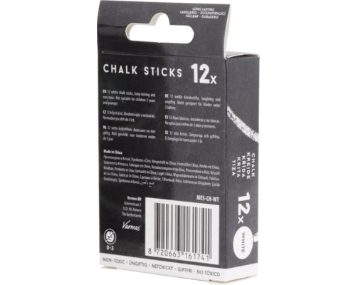 Förpackning med tolv vita kritor, ej lämplig för barn under tre år