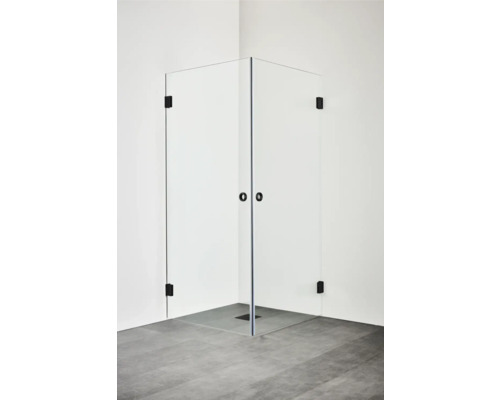 Duschhörn HAFA Infinity 100x100 svart klarglas profillös 2 dörrar vändbar Hörndusch med klart glas och svarta beslag