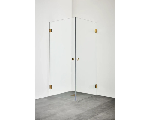 Duschhörn HAFA Infinity 100x100 mässing klarglas profillös 2 dörrar vändbar Hörndusch med glasdörrar och beslag