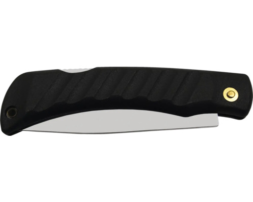 Fällkniv med svart handtag och silverfärgat blad