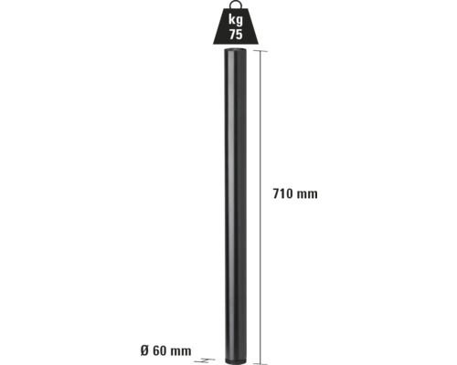 Metallstolpe med måtten 710 mm längd och 60 mm diameter, viktsymbol 75 kg