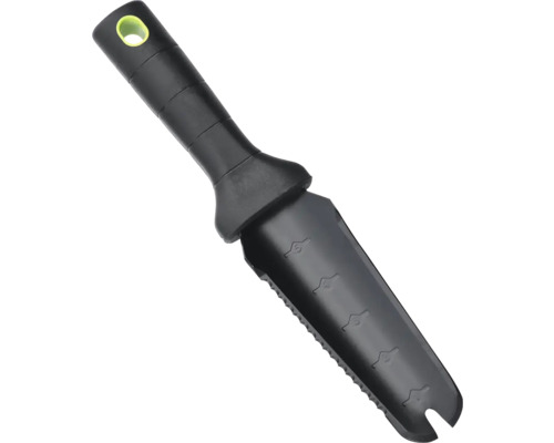 Trädgårdsredskap med mätskala och tandad kant