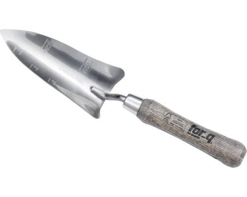 Planteringsspade i rostfritt stål med trähandtag och djupskala