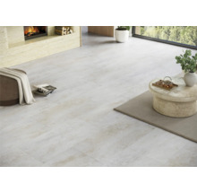 Ljust rum med lagt golv, öppen spis och sittmöbler