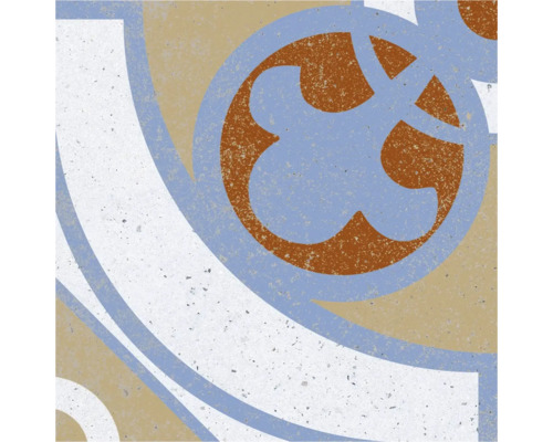 Detaljbild av en mönstrad kakelplatta.