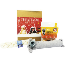 Julklappsset för hundar med leksaker och snacks
