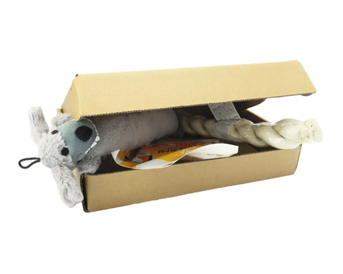 Leksaksset för hundar med gosedjur och tuggartiklar i en öppen kartong.