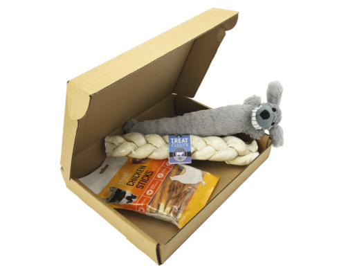 Kartong med hundleksaker och hundgodis