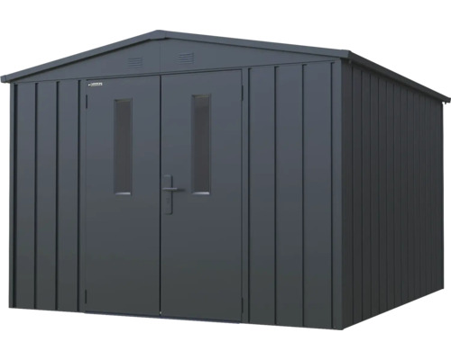 Metallförråd med dubbeldörr och fönster