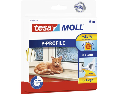 Tätningslist TESA Dörr/fönster P-profil vit 6mx9x5,5mm Tesa Moll P-profil tätning, 6 meter, för fönsterisolering