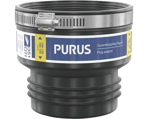 Gummikoppling PURUS Plug-in passar alla spillvattenrör svart PP/TPE/rostfritt stål 100-120/100-105 mm med en slangklämma 3106989