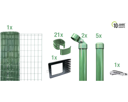 Stängselset ALBERTS Fix-Clip Pro-Set för nedgjutning 10x1,02m grön Komplett set för att bygga stängsel med rulltråd, stolpar, stag, trådspännare och Alberts logotyp Cutter