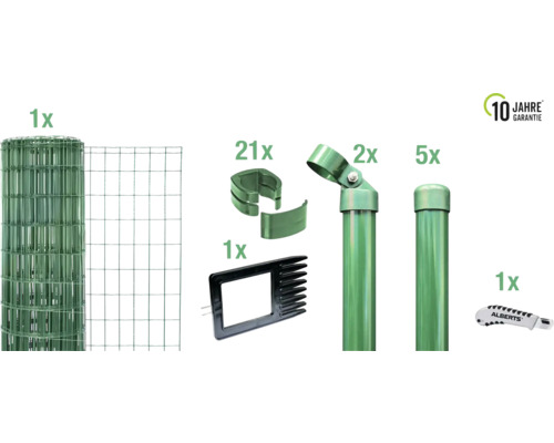 Stängselset ALBERTS Fix-Clip Pro-Set för nedgjutning 10x1,53m grön Komplett stängselsystem med trådrulle, stängselstolpar, stag, trådspännare och Alberts Logo
