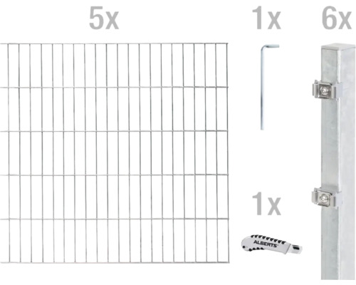 Stålnätspanel set ALBERTS med dubbla trådar 6/5/6 1000x120cm varmförzinkad Komponenter i ett staketset: fem gallermattor, sex stolpar, en insexnyckel och en kniv
