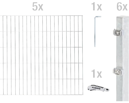 Stålnätspanel set ALBERTS med dubbla trådar 6/5/6 1000x140cm varmförzinkad Staketset med fem nätpaneler, en gaffelnyckel, en stolpkliv och sex staketstolpar