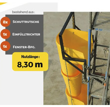 Byggnadsskrapa med påfyllningstratt och fönsterfäste, användbar längd 8,30 meter