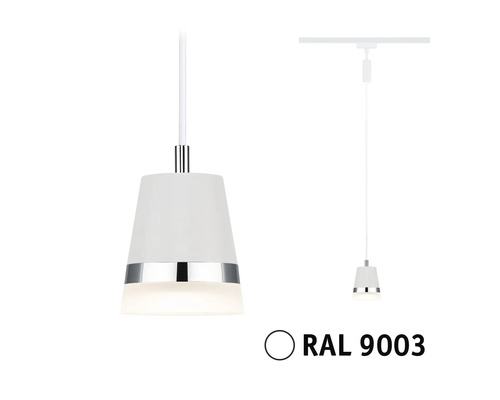 Pendellampa med vit lampskärm och kromdetaljer