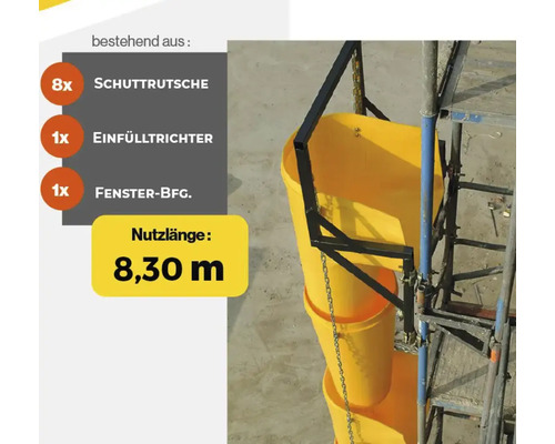 Avfallsränna med åtta rännor, en tratt och fönsterfäste med en användbar längd på 8,30 meter.