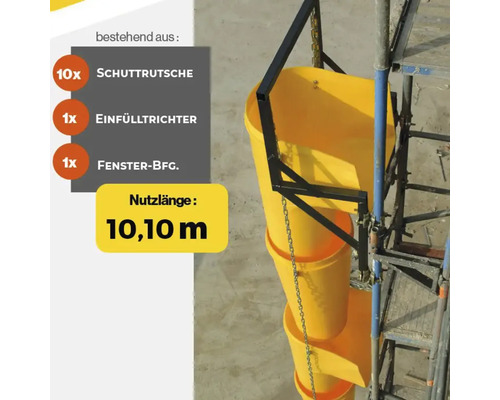 Schakttrumma med tio rännor, en påfyllningstratt och en fönsterfäste med en användbar längd på 10,10 meter