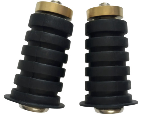 Två svarta vibrationsdämpare med metallinsatser