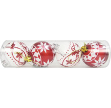 Förpackning med fyra julgranskulor med dekor