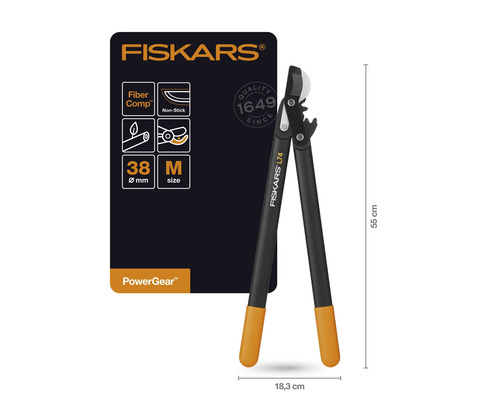 Fiskars logotyp. Fiskars PowerGear växelgrenssax L74 med FiberComp och non-stickbeläggning, skärdiameter 38 millimeter, storlek M, cirka 55 centimeter lång och 18,3 centimeter bred.