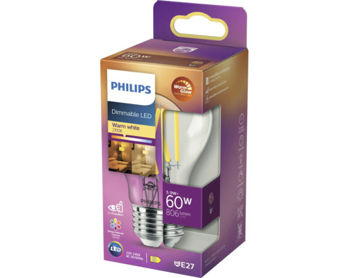Philips LED-lampa, dimbar, 5,9 watt med E27-sockel i produktförpackning
