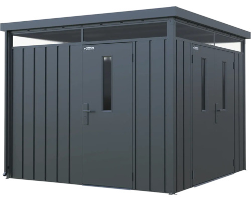 Metallförråd med två dörrar och fönster