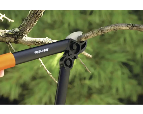 Grensåg som klipper en gren med Fiskars logotyp