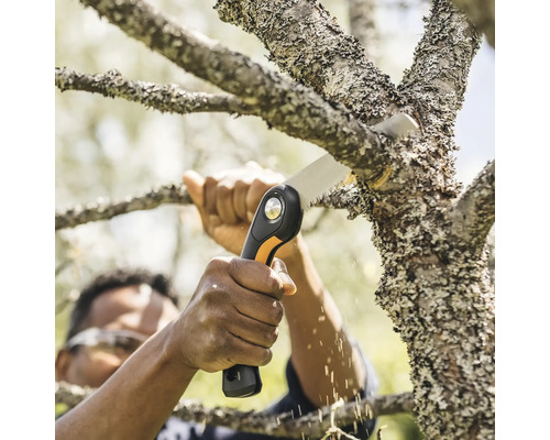 En person sågar av en gren med en handsåg.