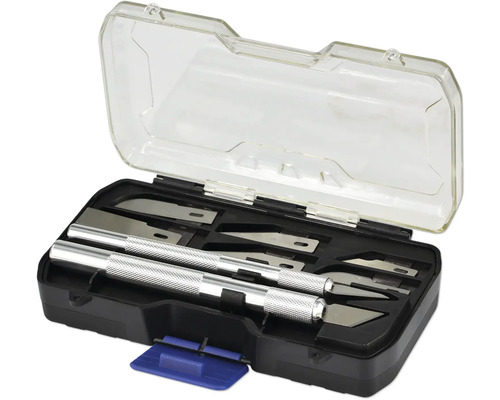 Modellknivset med diverse blad i förvaringslåda