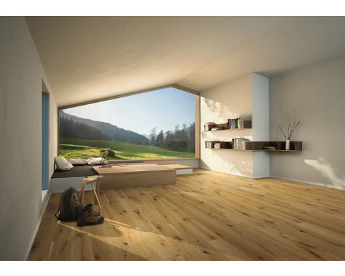 Ljust rum med trägolv, stort fönster med utsikt över ett grönt landskap, bokhyllor och vandringstillbehör