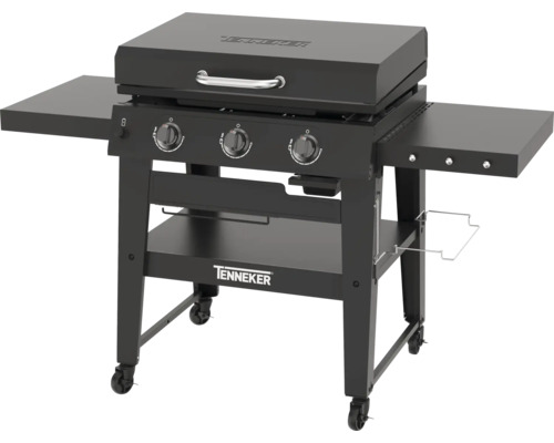 Svart Tenneker gasolgrill med tre brännare, avlastningsytor och hjul