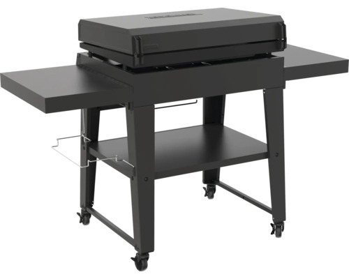 Svart grillvagn med förvaringsutrymmen och hjul